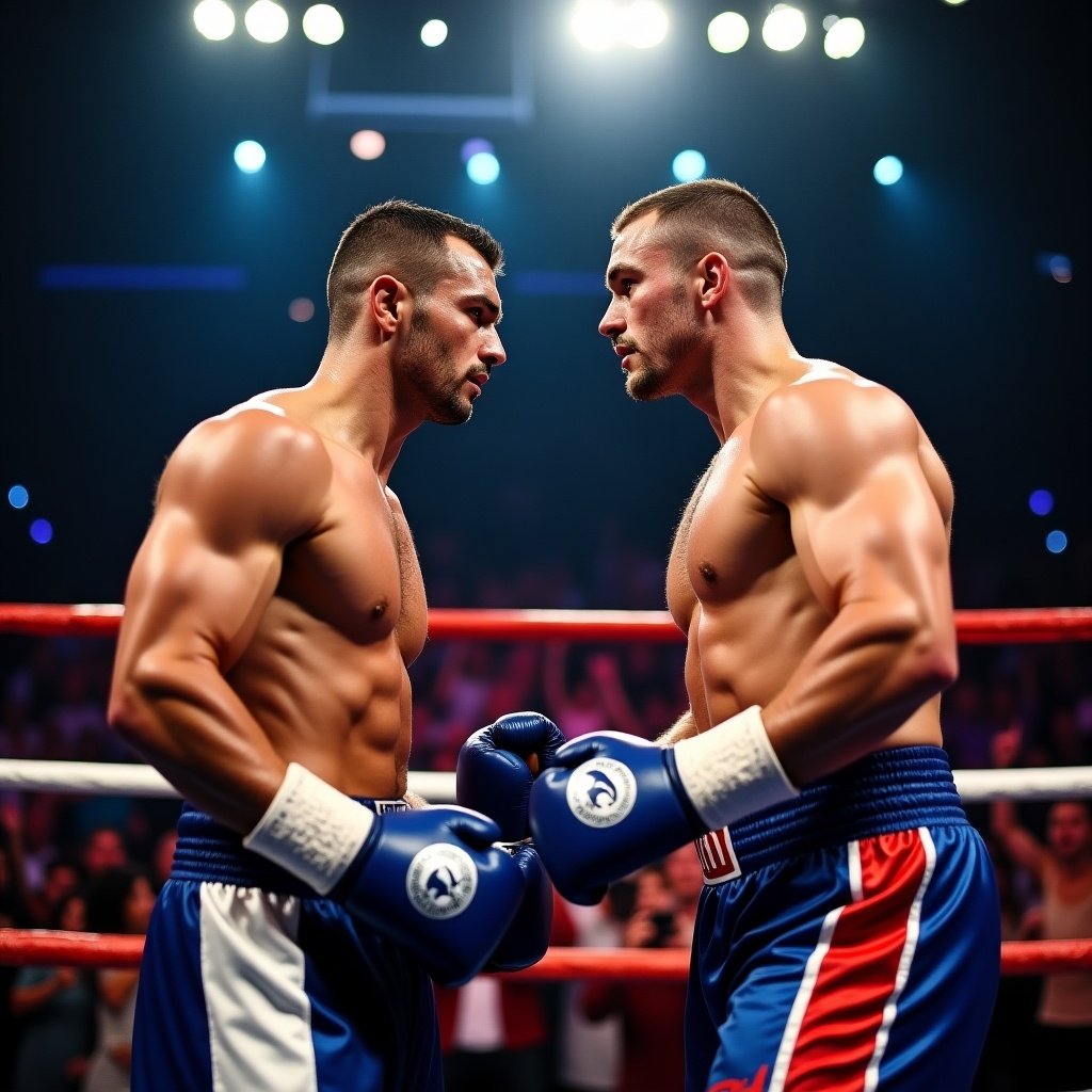 Image of two boxers facing each other before a fight. They are muscular and focused. The arena is lively with a cheering crowd and bright lights. Each boxer has different colored gloves. The scene is charged with excitement indicating the start of the match.