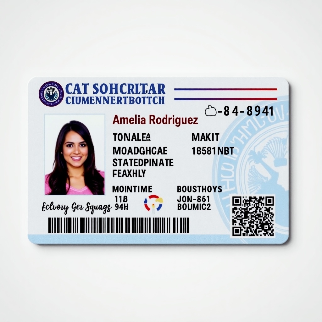 The image features an American state-issued ID card. It includes a clear photo of an individual named Amelia Rodriguez. The card has various security features and official markings typical of state IDs. There are multiple sections detailing personal information, including a name and unique identification number. The design is modern and colorful, reflecting state government identity standards. The QR code on the ID suggests digital verification capabilities.