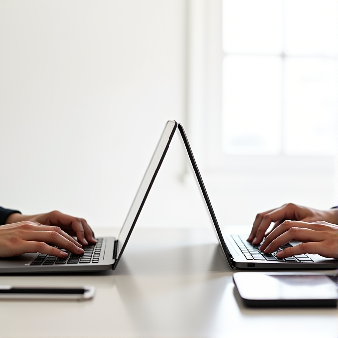 Two people are typing on laptops facing each other, with a tablet nearby.