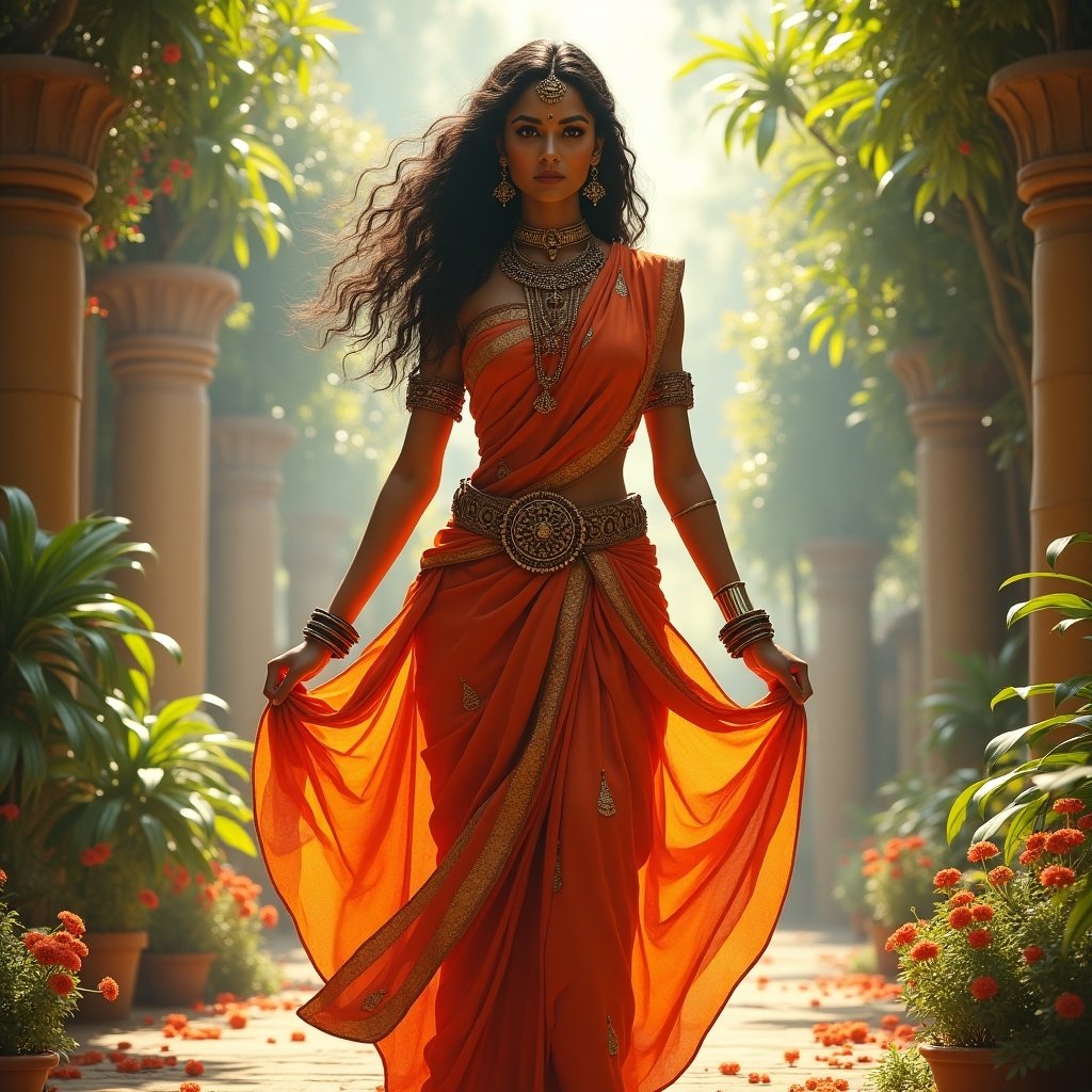 A woman dressed in an orange saree stands gracefully amidst lush greenery. Elegantly draped saree flows while she poses. Striking jewelry complements the attire. Background features a vibrant, nature-filled setting.