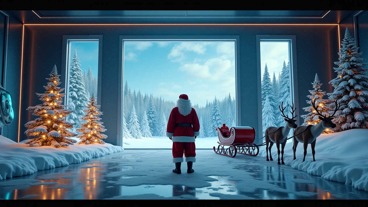 Cinematic image features Santa Claus in a futuristic room. High-tech elements blend with traditional themes. Large windows showing snowy woods and sky create a serene backdrop. Sleigh parked alongside reindeer. Glowing models and festive messages adorn the space.