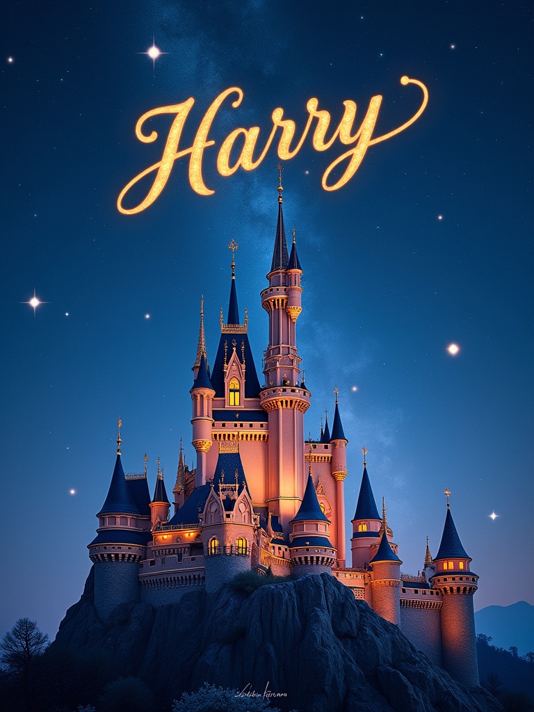 A magical castle glows under a starry sky. The name Harry is featured in elegant gold lettering. The scene is enchanting and dreamlike. The castle is illuminated beautifully. Stars twinkle in the night sky.