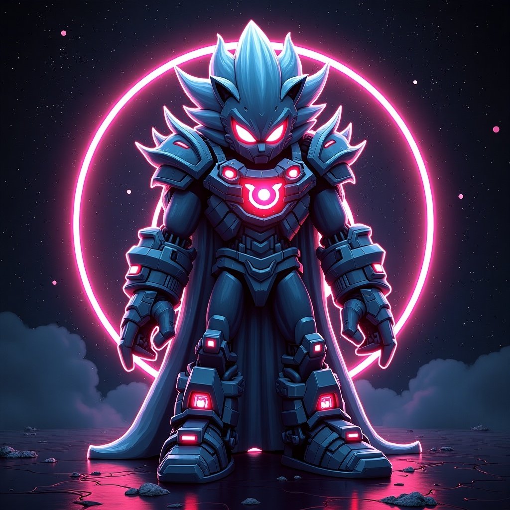 Armored character in a futuristic style. Blue and black colors dominate the character's design. Large circular neon light behind the character. Detail in the armor with glowing elements. Dramatic pose that conveys power. Fantasy sci-fi theme.