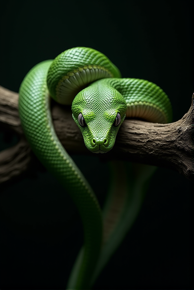 A striking green snake coiled on a branch against a dark background.