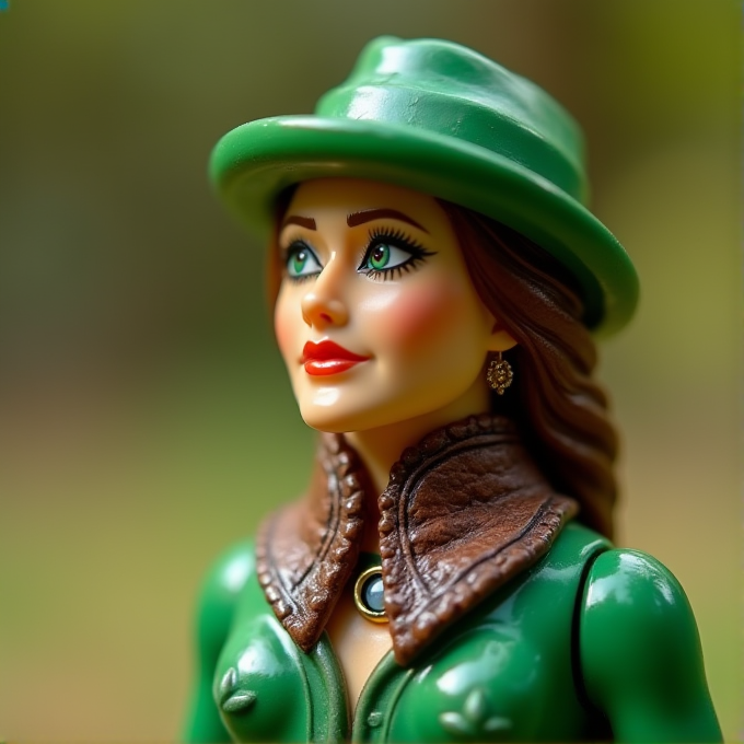 A doll with green eyes and a green outfit, wearing a matching hat and jewelry, gazes upwards.