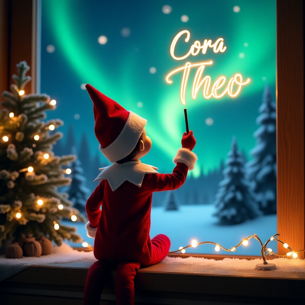 An enchanting Christmas scene showcases an elf on the shelf, who faces the vibrant northern lights with his back turned to the viewer. Dressed in festive red and white, the elf wields a magic wand and writes glowing names, 'Cora' and 'Theo', above him. The beautifully decorated window lets in the magical glow from the colorful lights. Surrounded by a charming Christmas tree adorned with lights and ornaments, the scene radiates festive spirit. The action of the elf adds a sense of wonder and delight, celebrating the joyous essence of the holiday season.