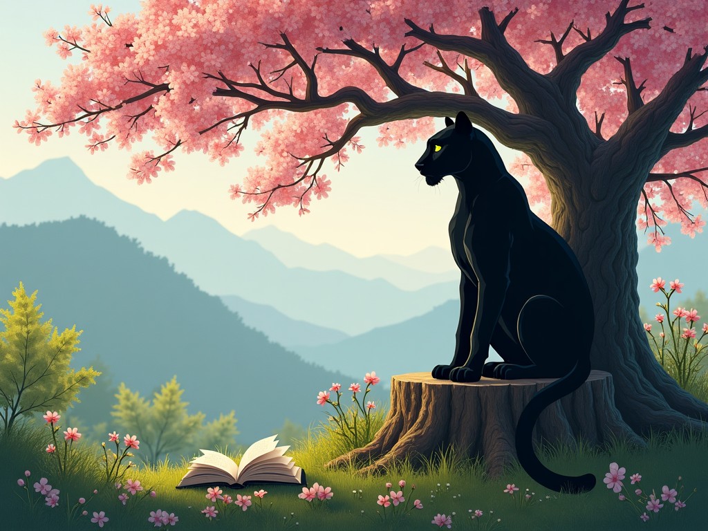 A black panther sits gracefully on a tree stump, framed by a large cherry tree in bloom. The scene is peaceful, surrounded by lush greenery and flowers. An open book lies in front of the panther, hinting at an atmosphere of wisdom. In the background, there are distant, hazy mountains that add depth. Soft lighting casts gentle shadows, enhancing the tranquil mood of the landscape.