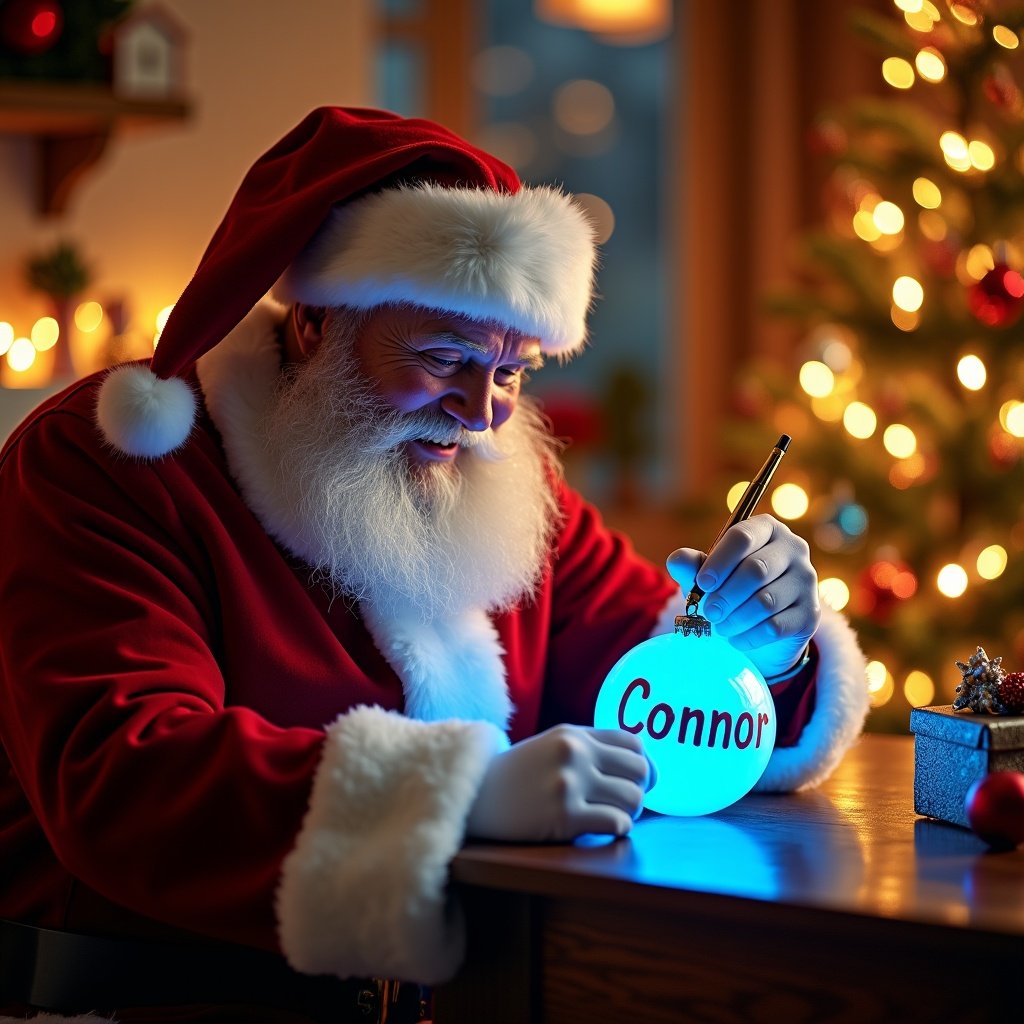 Santa Claus is writing the name Connor on a blue glowing bauble. The bauble illuminates softly. Santa is dressed in traditional red attire. The background features twinkling Christmas lights.