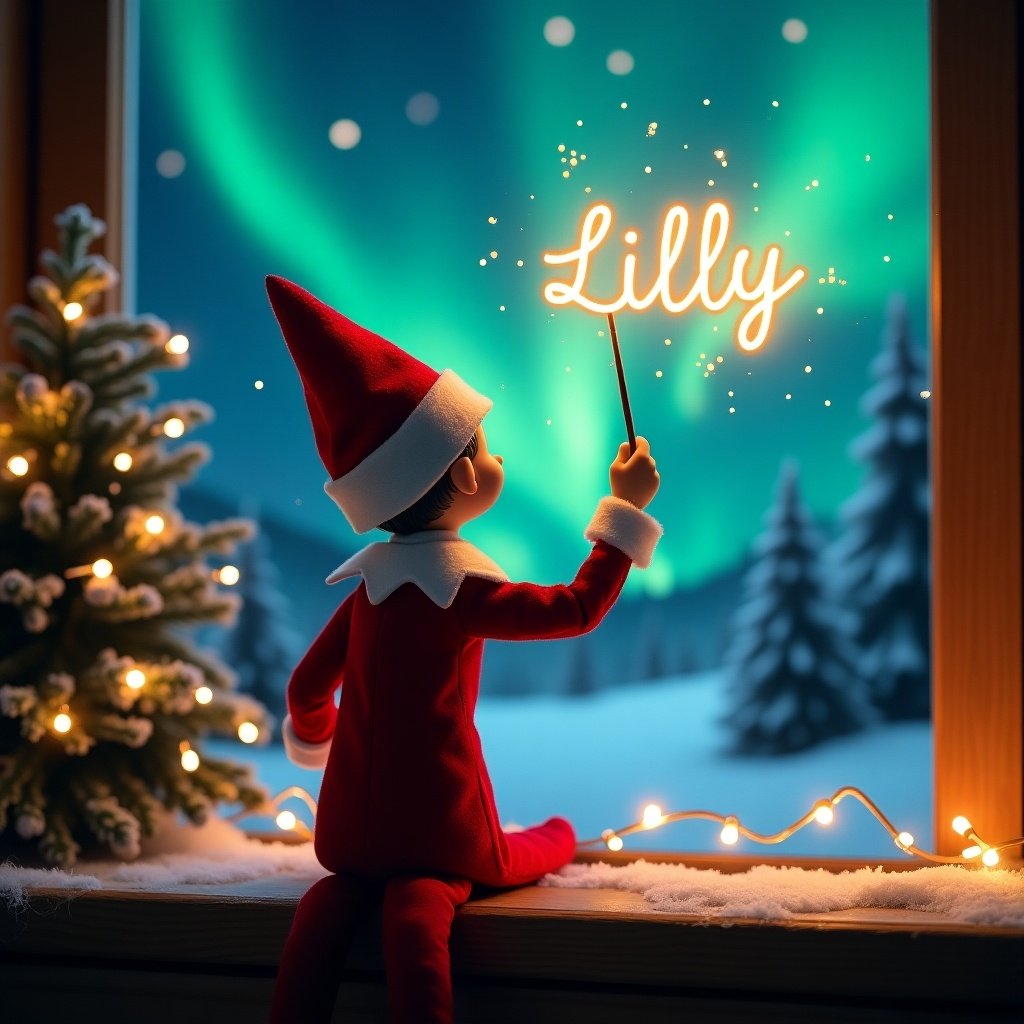 An enchanting Christmas scene features an elf on the shelf, facing the vibrant northern lights. The elf, dressed in festive red and white, holds a magic wand. It's magically writing 'Lilly' in glowing script above it. The cozy room is decorated with a small Christmas tree and twinkling fairy lights. Snow blankets the landscape outside, enhancing the whimsical holiday ambiance. The entire scene evokes feelings of joy and wonder, capturing the essence of Christmas magic.