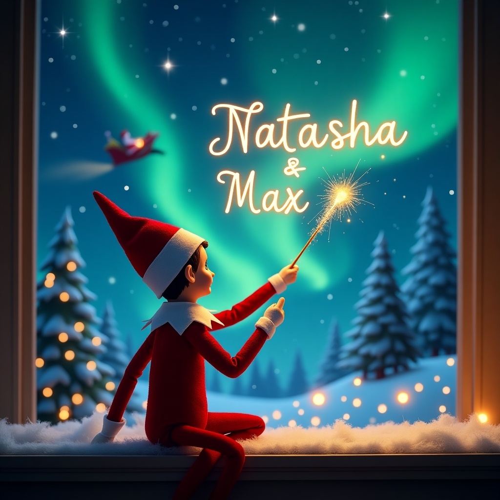 The image features an elf on the shelf sitting on a snowy windowsill with his back turned to the viewer. He is gazing up at the sky, where he is using a magic wand to elegantly write the names 'Natasha' and 'Max' in the air. The background showcases a magical Christmas scene, complete with vibrant northern lights illuminating the night sky and a sleigh with Santa floating in the distance. Snow-covered trees add to the festive atmosphere. The overall scene is whimsical and enchanting, perfect for the holiday season.