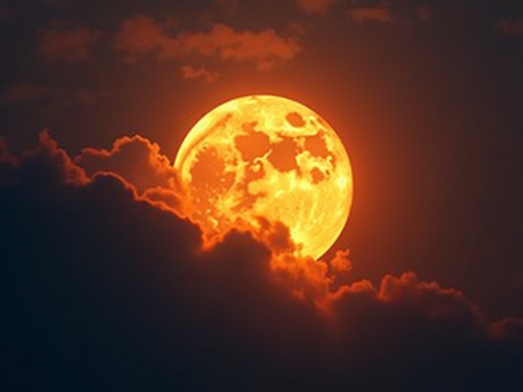 The image shows a majestic full moon rising through dark clouds. The moon appears large and luminous, casting an orange glow that contrasts beautifully against the dark sky. It evokes a sense of wonder and tranquility. The clouds framing the moon add depth to the scene. This celestial view is mesmerizing and captures the beauty of nature at night.