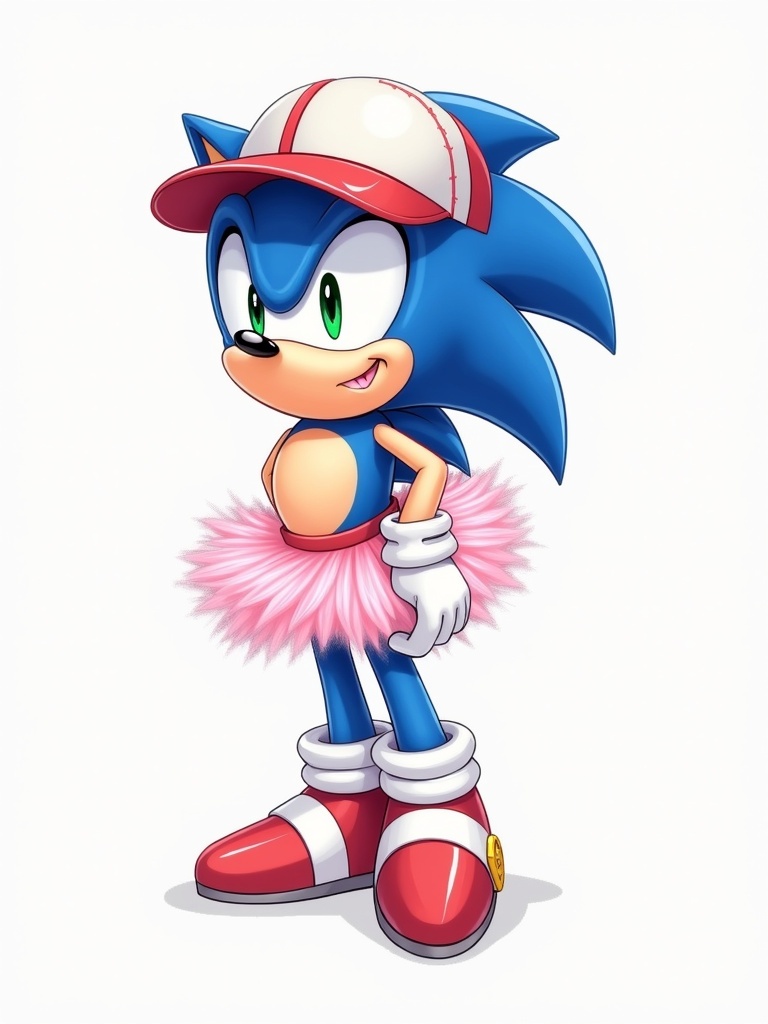 Sonic in a baseball helmet wears a pink ballet tutu. Character is smiling with a playful pose. No background is included.