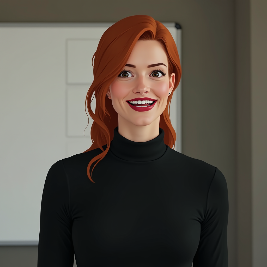 A digital illustration of a smiling woman with red hair in a black turtleneck.