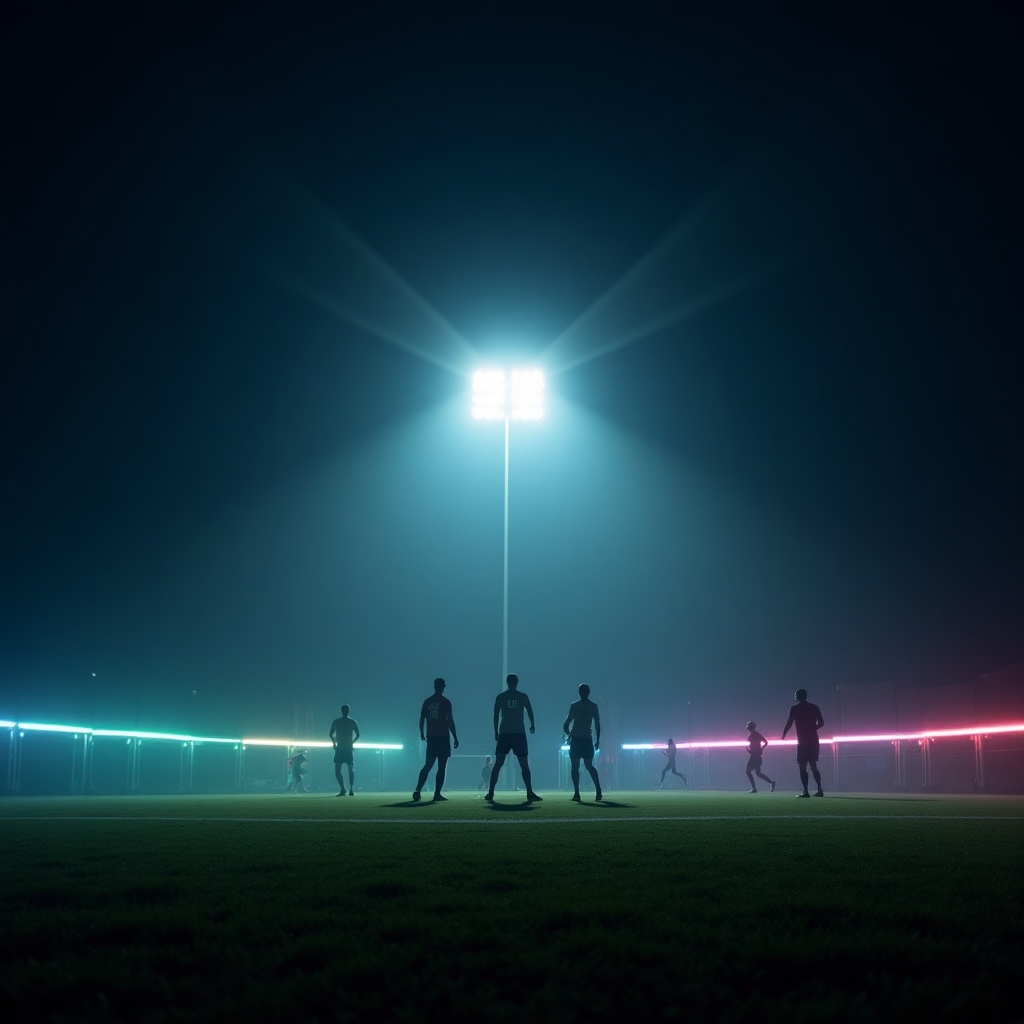 Night-time soccer game with floodlight. Players silhouetted against colorful neon lights, dramatic glow over field.