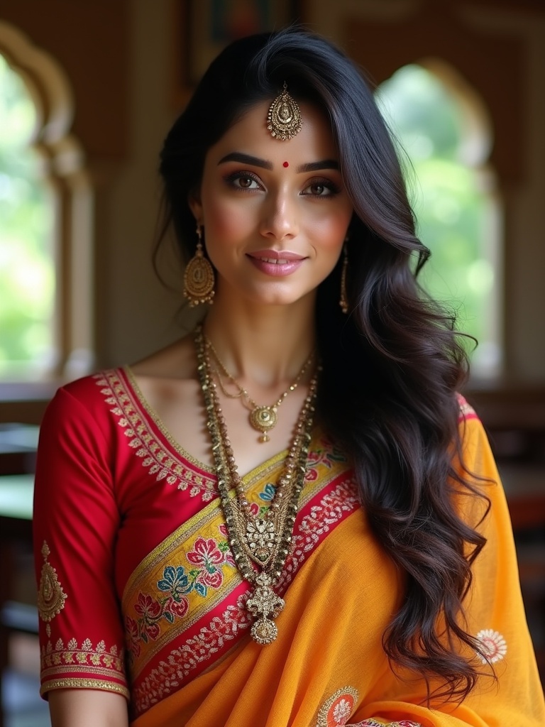 A beautiful Indian woman wearing a traditional saree adorned with intricate patterns and jewelry. The setting depicts a culturally rich environment hinting at Indian traditions.