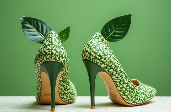 High-heeled shoes with a green, leafy design and actual leaves inserted at the back are set against a matching green background.