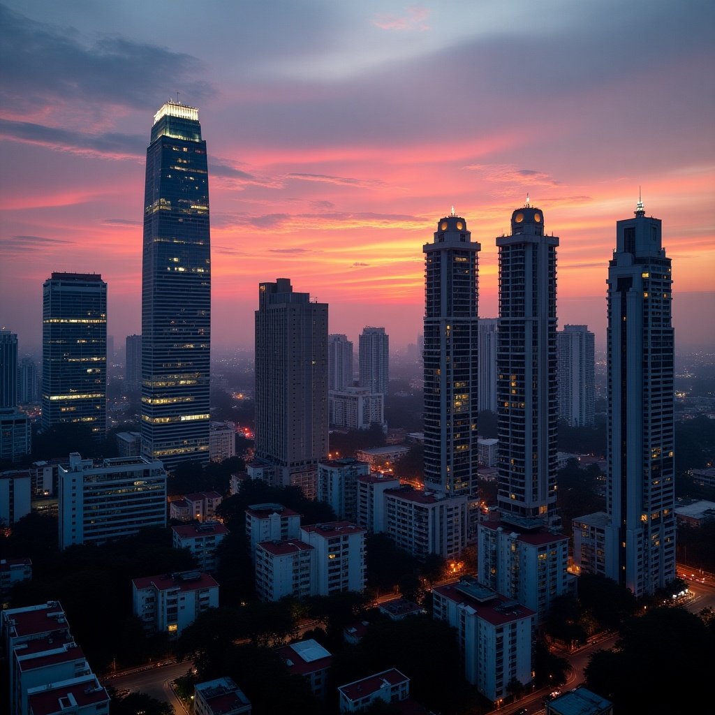 City view of Colombo Sri Lanka with skyscrapers illuminated by dusk sky and sunset colors.