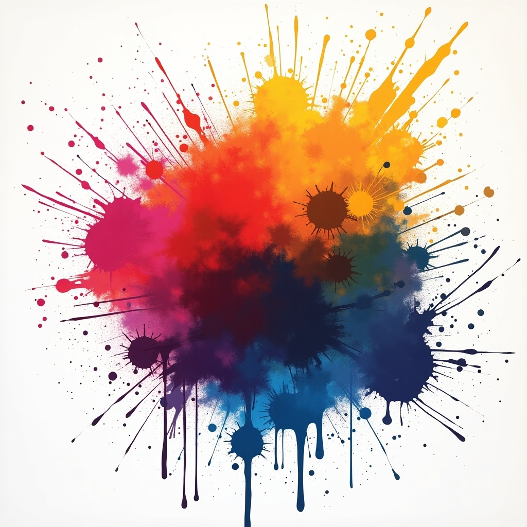 This image features a vibrant paint splatter effect resembling a colorful explosion. It utilizes a diverse palette of colors including red, yellow, orange, blue, and purple. The splashes appear to radiate from a central point, creating an energetic and dynamic visual. The overall composition is flat, without a defined perspective, emphasizing the artistic quality of the paint. This design can be used in various applications, especially for modern digital content.