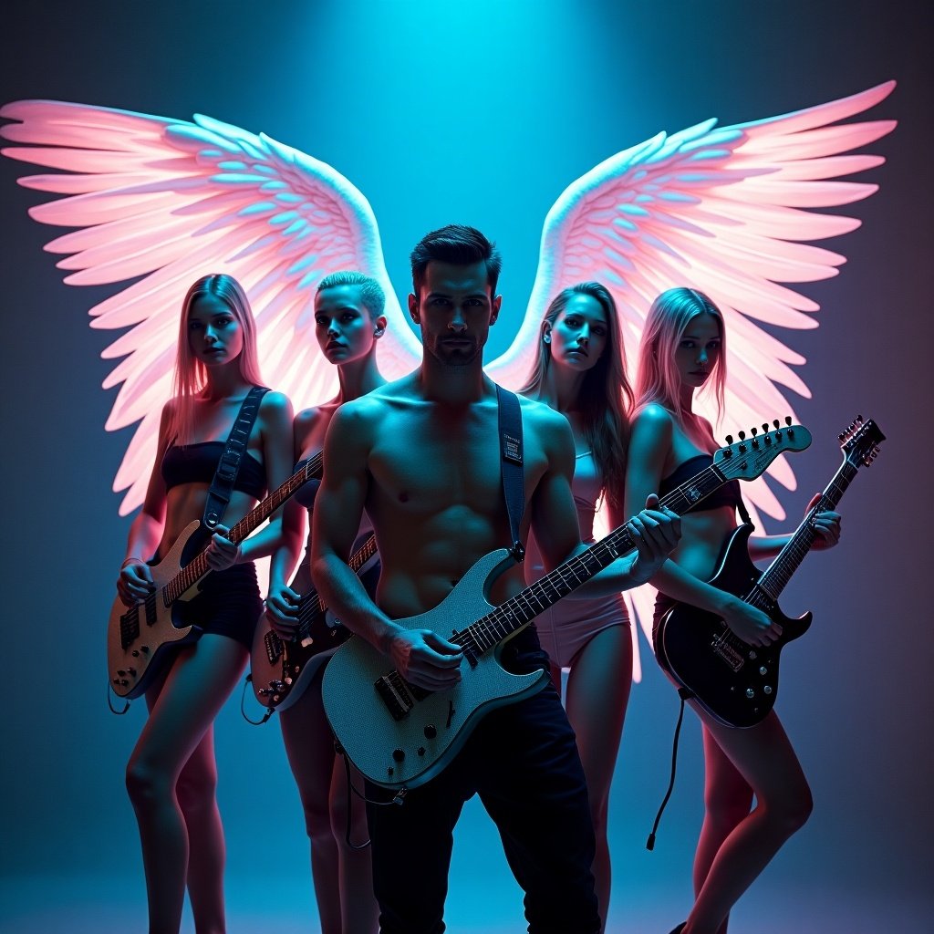 Five unique humans merge with cybernetics. Central male with prominent wings. Four other figures playing guitars. Neon illumination enhances the setting. Evocative blend of rebellion and beauty.