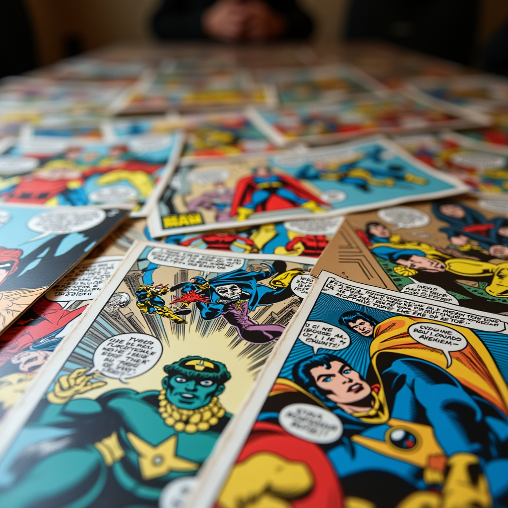 A close-up of a vibrant collection of comic book pages laid out on a table.