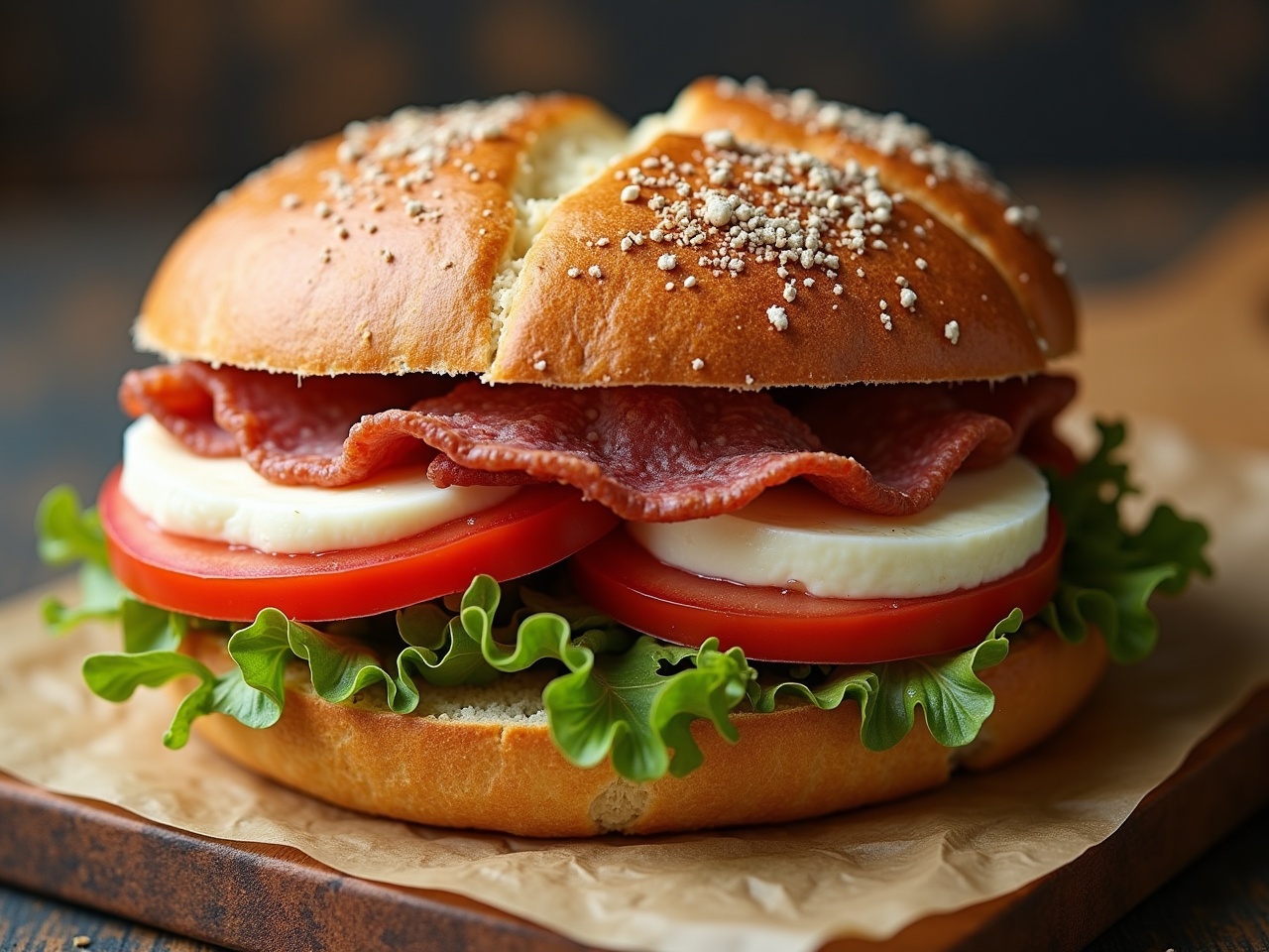 This image showcases a delicious ciabatta bread sandwich. Inside, you'll find layers of cooked pastrami, fresh mozzarella slices, and ripe tomato. The sandwich is topped with crisp lettuce and a hint of mayonnaise for added flavor. It's decorated with poppy seeds that add a touch of elegance. Perfect for lunch or a quick bite, this sandwich looks both appealing and satisfying.