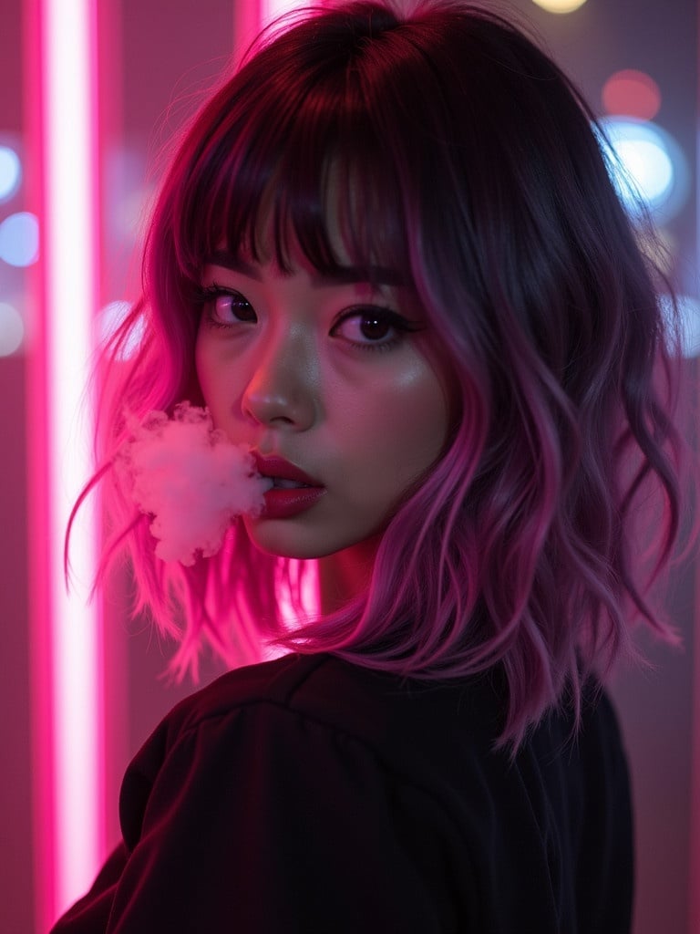 A girl with pink and black hair smoking surrounded by neon lights colorful background. She wears black and pink outfit with matching lip gloss. The focus is on her hairstyle and vibrant colors.