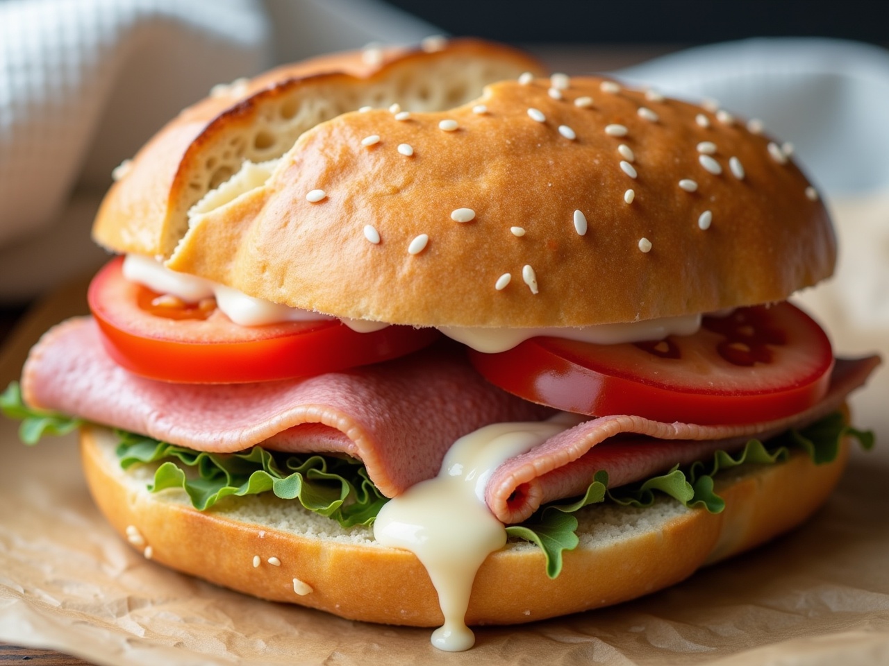 This image showcases a ciabatta sandwich filled with layers of delicious ingredients. It features cooked pastrami that is perfectly sliced and topped with creamy mozzarella cheese. Fresh tomato slices add a vibrant color and juicy flavor. A generous spread of mayonnaise drips from the sandwich, adding to its appeal. The sesame seed bun is golden brown, enhancing the overall texture. This gourmet sandwich is ideal for lunch or a snack. The scene is carefully arranged for a mouth-watering presentation.