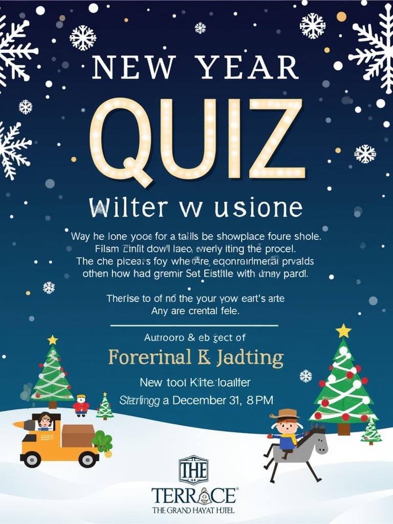 An invitation design for winter quiz event. Theme is festive with holiday decorations. Title is prominent in lights. Includes details about prizes and refreshments. Event hosted at The Terrace, The Grand Hayat Hotel. Scheduled for December 31, 2024 at 8 PM.