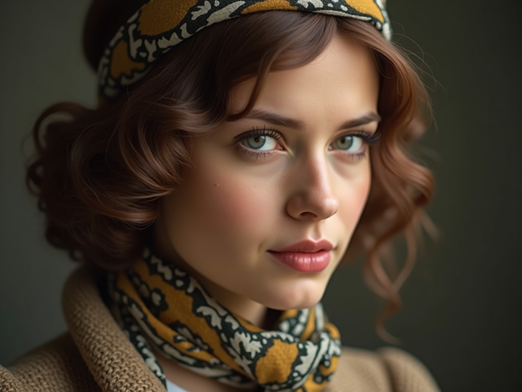 A portrait of a woman with curly hair, wearing a patterned headband and scarf, in soft lighting with a vintage aesthetic.