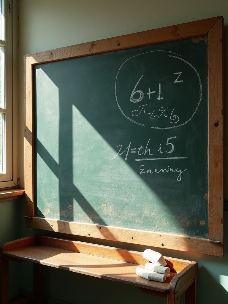 Chalkboard with mathematical equations written in white chalk. Shadows cast by sunlight falling from a window. A wooden table underneath the chalkboard.