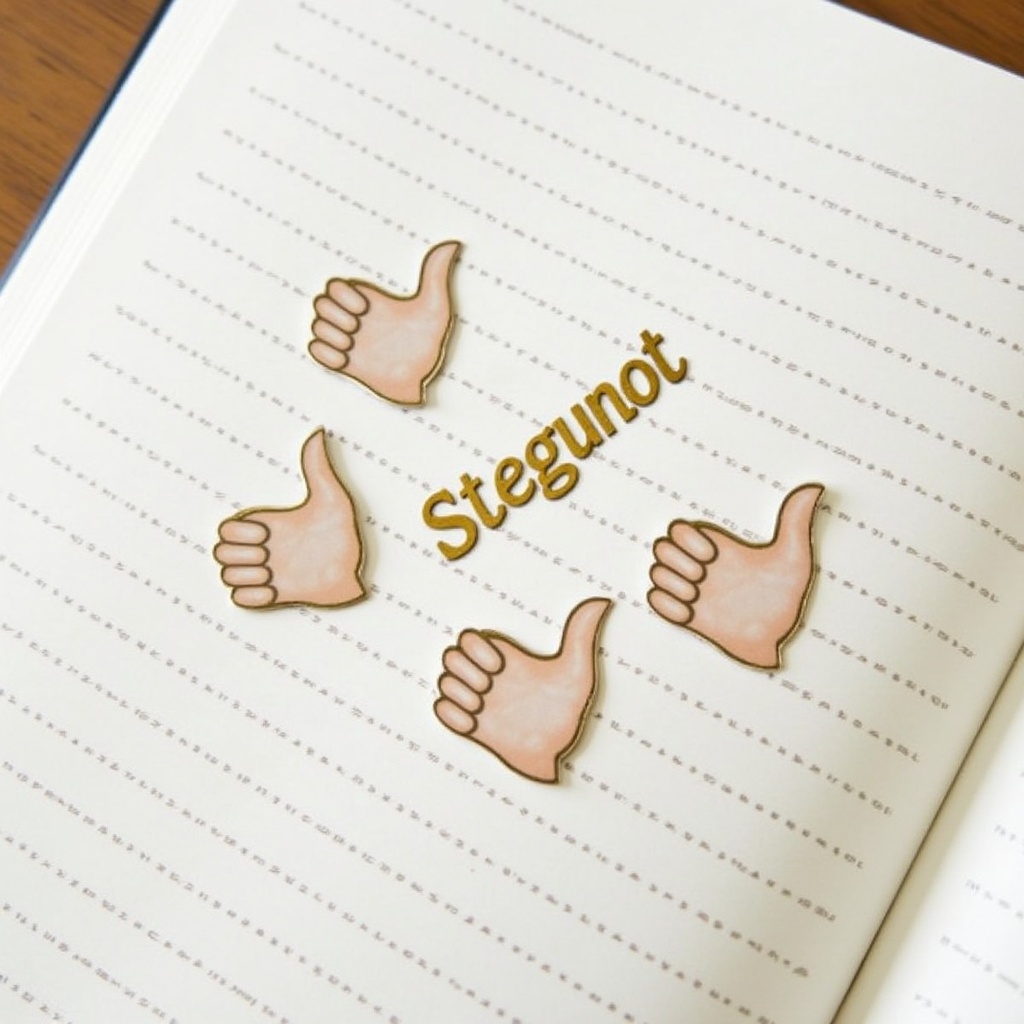 This image features four gold thumbs-up stickers arranged on a lined notebook page. The word 'Stegunot' is also prominently displayed in gold. The stickers are cheerful and convey a sense of positivity. The lined background adds a touch of classic stationery feel. This composition invites creativity, making it suitable for various craft and educational purposes.