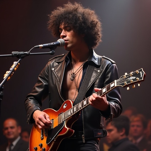 Biracial male plays guitar on stage. Performer has curly black hair and wears a leather jacket. Scene set at college performance with an audience visible.