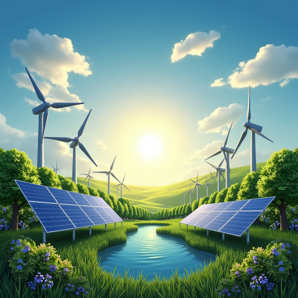 Image showcases solar panels and wind turbines in a beautiful landscape. The sun shines brightly over the scene. Nature and renewable energy coexist harmoniously.