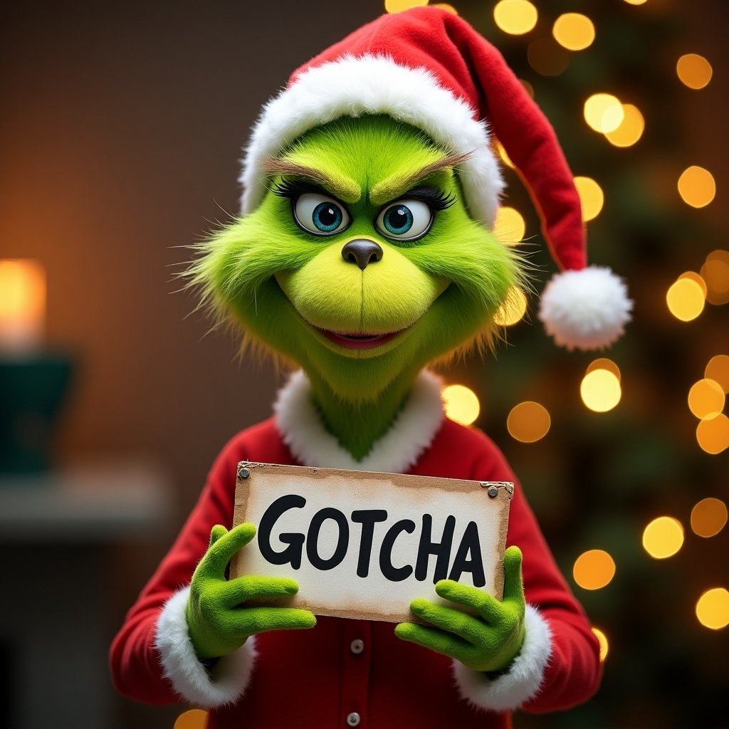 Grinch character holds a Christmas sign that says GOTCHA. Background features Christmas lights for a festive feel.