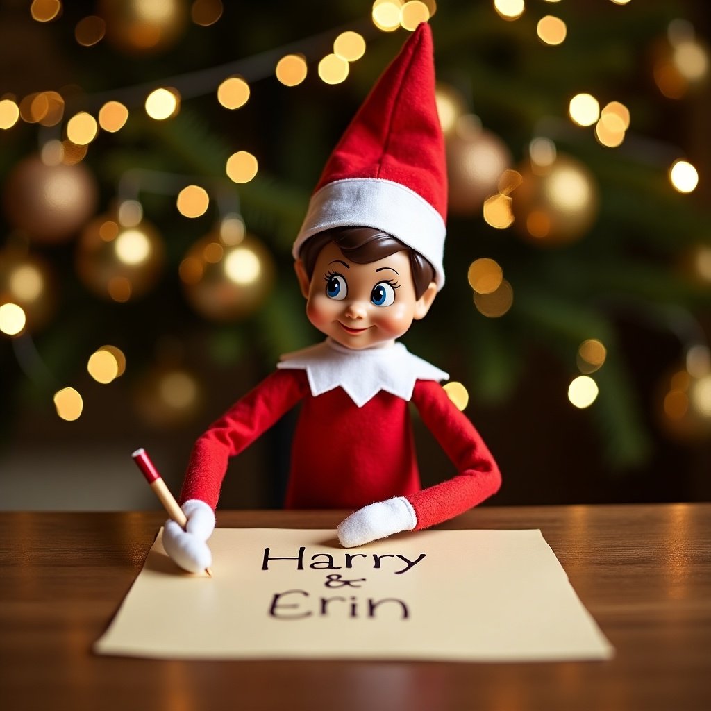 The image features a cheerful Elf on the Shelf character. Dressed in a bright red suit with a white collar, the elf is seated at a wooden table. In front of the elf lies a piece of parchment displaying the names 'Harry' and 'Erin.' The background is decorated with golden ornaments and enchanting string lights, creating a warm and inviting holiday atmosphere. The elf is using a magical writing wand, emphasizing the whimsical theme of the scene. This delightful portrayal evokes feelings of holiday joy and warmth, making it perfect for the Christmas season.