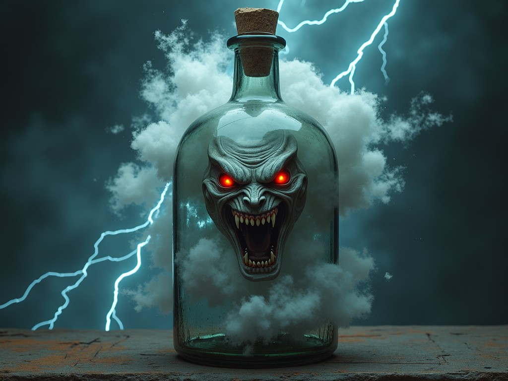 This eerie digital art piece showcases a sinister, demonic face with glowing red eyes captured inside a glass bottle. The face emerges from a swirling cloud of smoke, set against a backdrop of a stormy sky with bright lightning bolts. The image conveys a sense of containment and supernatural power.