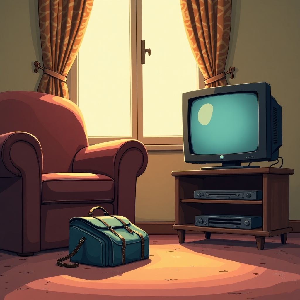 Image features a school bag dropped on the sitting room floor next to a small TV set on a stand. The room is lit by evening light through patterned curtains. Style is cartoonish, reflecting Nigerian comic book art.