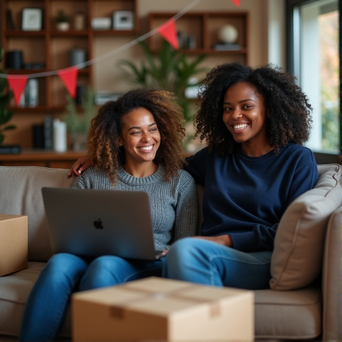 Two people sit on a couch with a laptop amidst cardboard boxes in a bright, cozy living room.