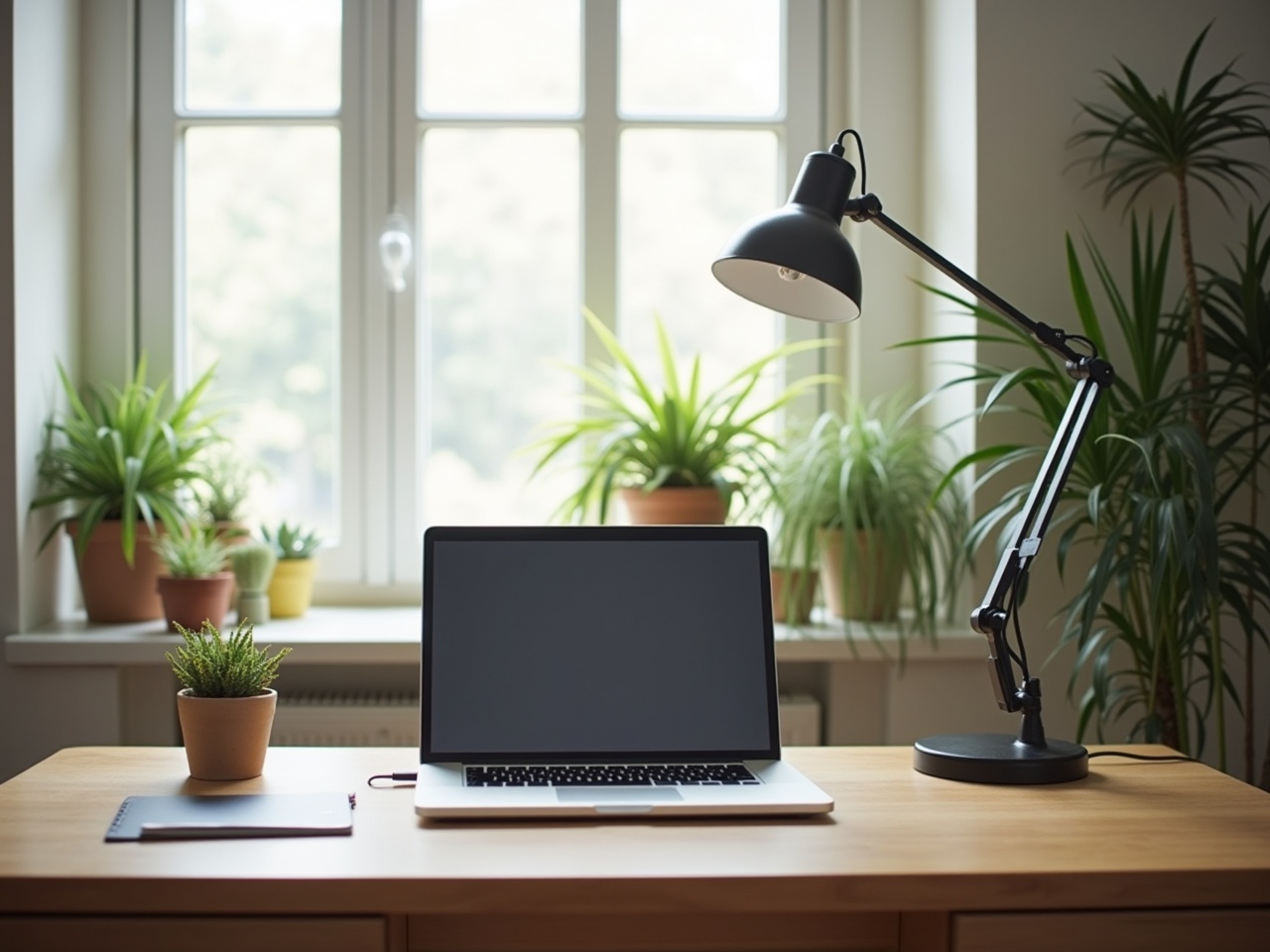 This image showcases a minimalist home office setup. The workspace features a clean desk with a sleek laptop and a small plant. A stylish desk lamp stands beside the laptop, providing additional lighting. The background includes vibrant green plants in pots, enhancing the natural aesthetic. Sunlight streams through a large window, brightening the entire area. This setup is perfect for those looking to create an inspiring and tidy working environment.