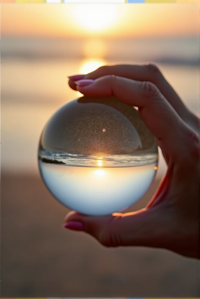 A hand holds a crystal ball reflecting a scenic sunset over the ocean, with warm colors and gentle waves.