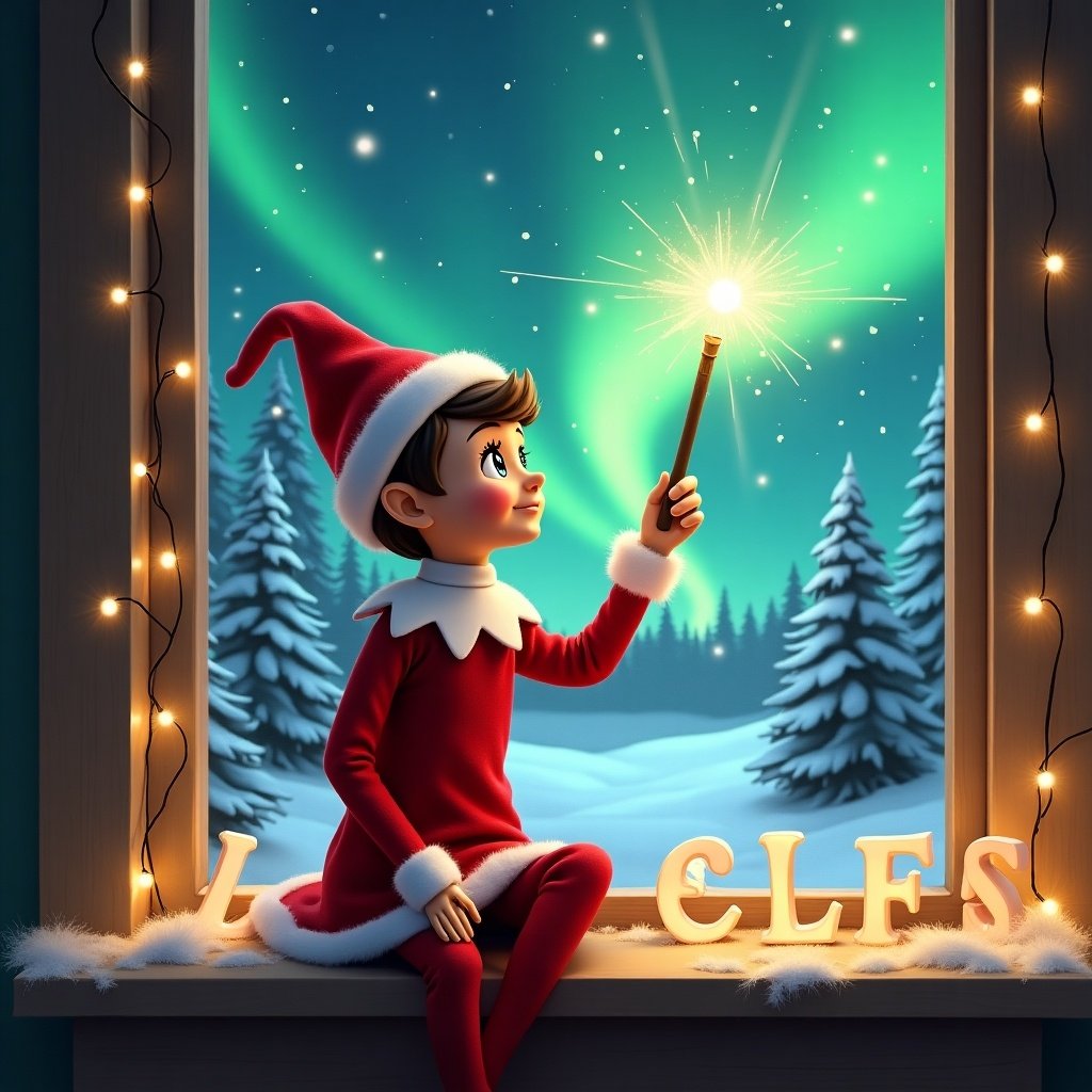 Artwork features an elf on the shelf on a windowsill. Elf wears a red and white outfit and classic hat. Elf holds a wand pointing to the sky. Scene shows magical letters. Background has winter landscape with snow-covered trees. Northern lights in green and blue colors enhance the view. Warm glow of twinkling lights adds a festive atmosphere. Elf embodies holiday spirit.