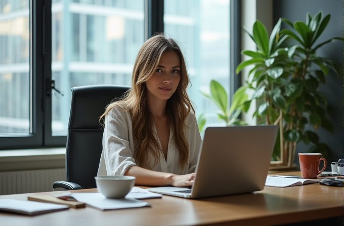 A person is sitting at a desk with a laptop, surrounded by plants in a bright office setting.