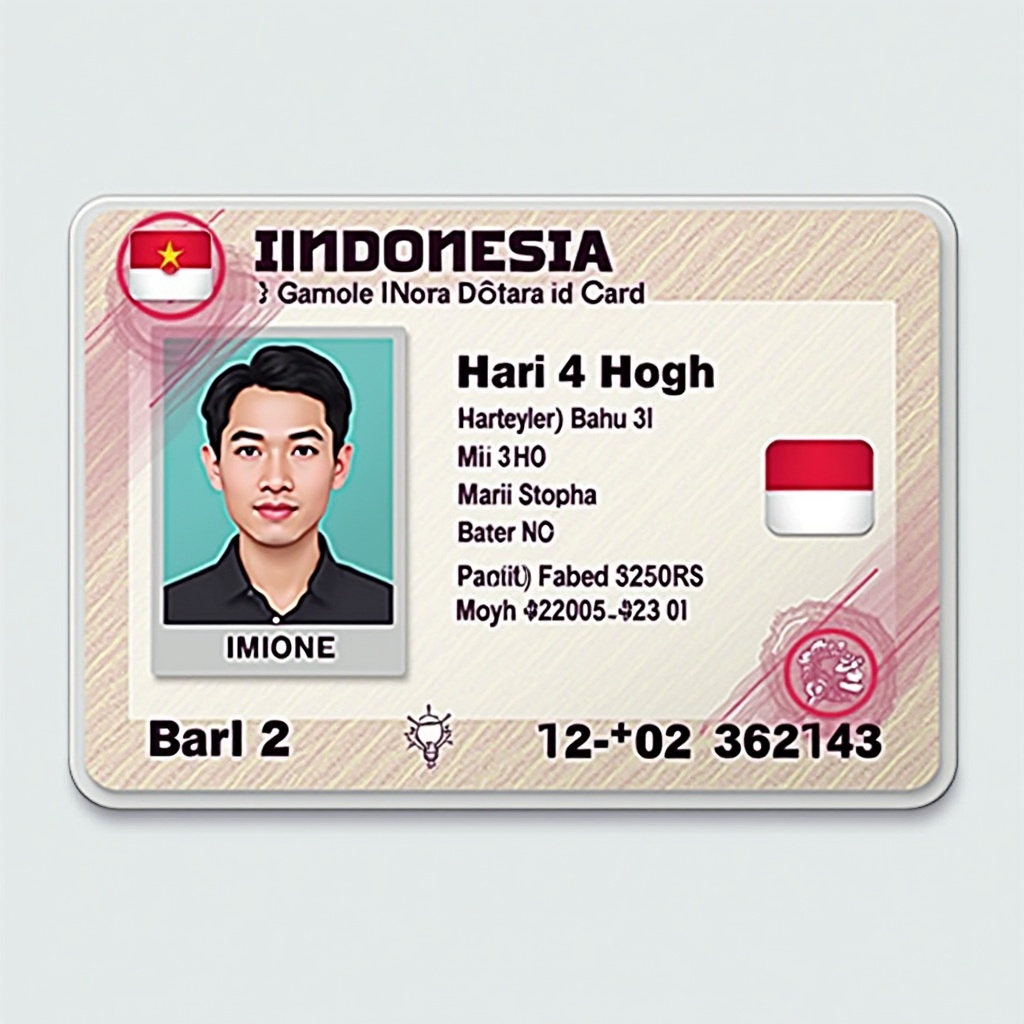 Design an ID card for Indonesia that includes personal identification elements and incorporates security features.