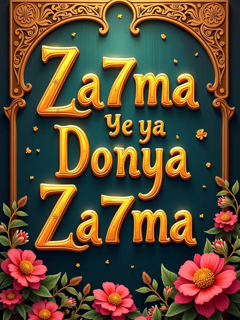 Luxurious ancient Egyptian-style poster with cheerful and shiny colors. Flowers and joyous elements included. Golden winged style text displays 'Za7ma Ya Donya Za7ma'.