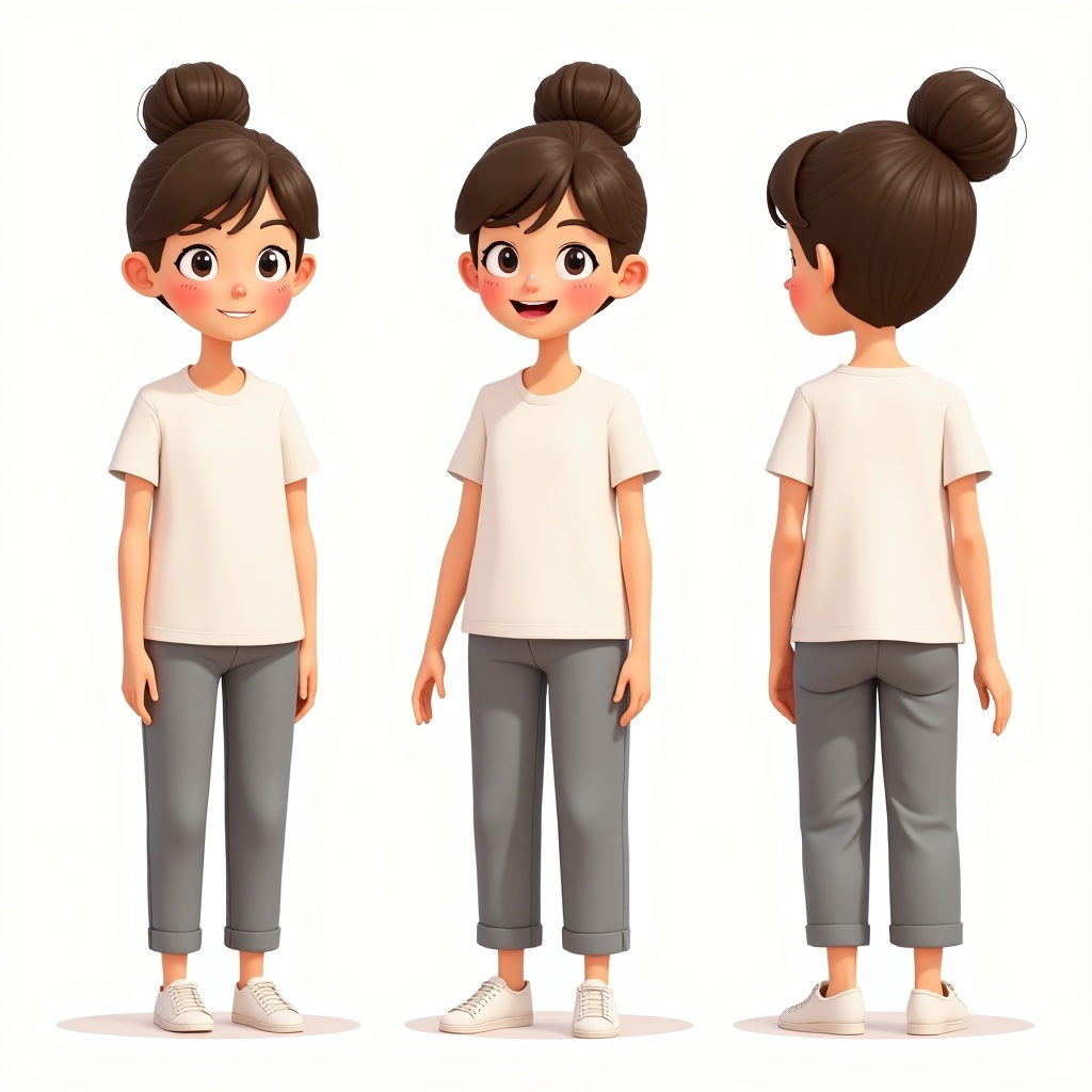 Cartoon character turn-around sheet features cheerful girl with bun in plain shirt and trousers. Displays front, side, and back views.