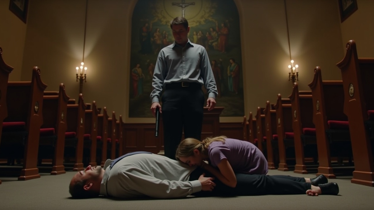 This wide shot captures a tense and dramatic scene set in a church. The pastor’s body lies slumped in the foreground, creating a stark contrast to the distraught wife kneeling beside him, crying. Above them stands her husband, holding a gun with a blank expression, lost in shock. The church’s dim lighting enhances the emotional weight of the moment. The background features solemn religious imagery, highlighting the tragedy of the situation. The composition evokes a sense of betrayal and moral conflict among the characters.