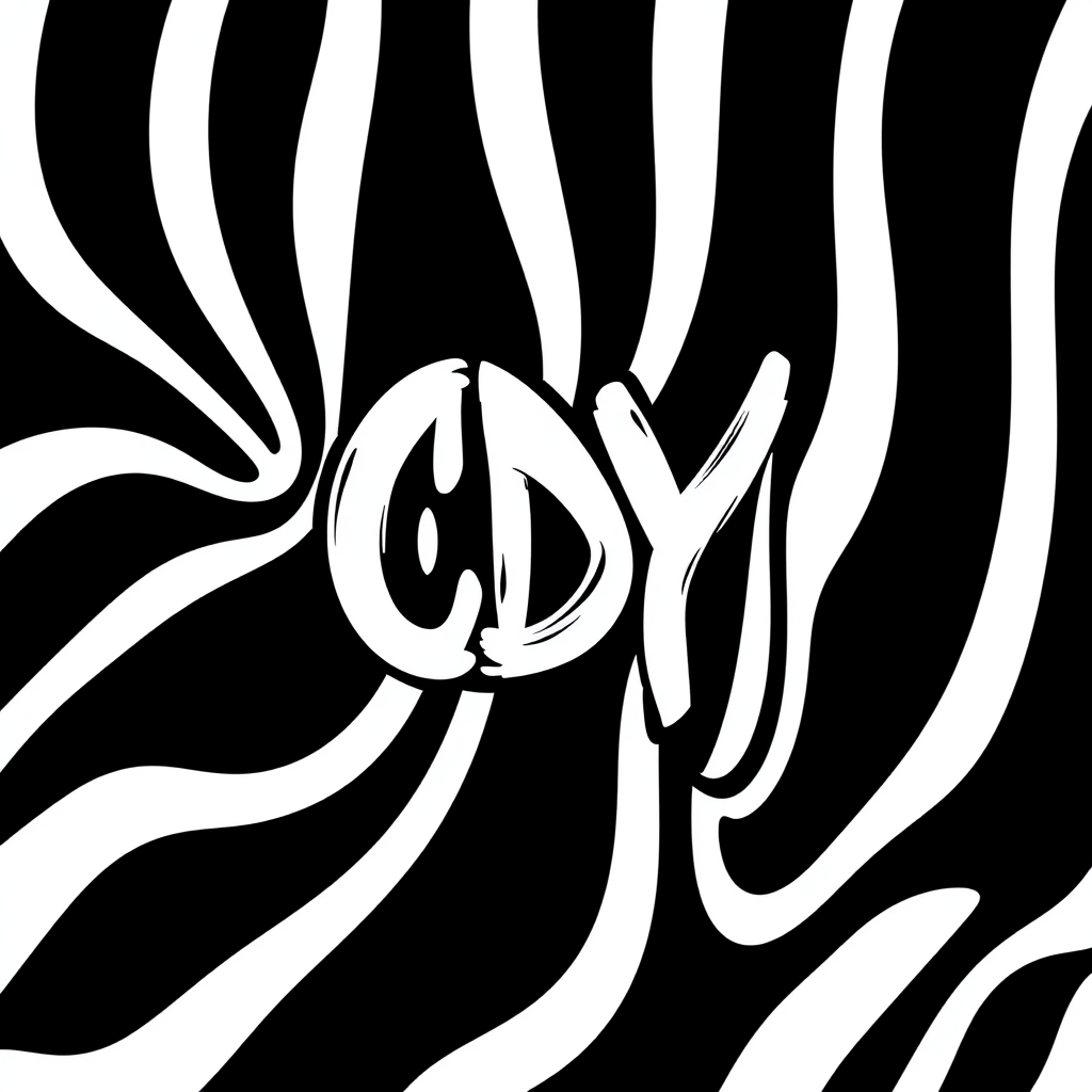 The image features a dynamic black and white abstract pattern reminiscent of zebra stripes. These stripes curve and bend across the frame, creating a sense of movement and depth. Overlaid on this pattern is the stylized text 'CDY' in bold, white, graffiti-like lettering. The design is visually striking, with the interplay of black and white creating a high-contrast and eye-catching effect.