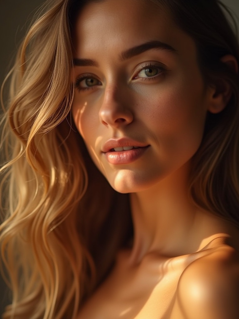 Close-up shot captures the beauty of hair with soft lighting. Focus on the texture and flow of shiny, silky hair. Warm atmosphere enhances smooth skin and creates a soothing effect.