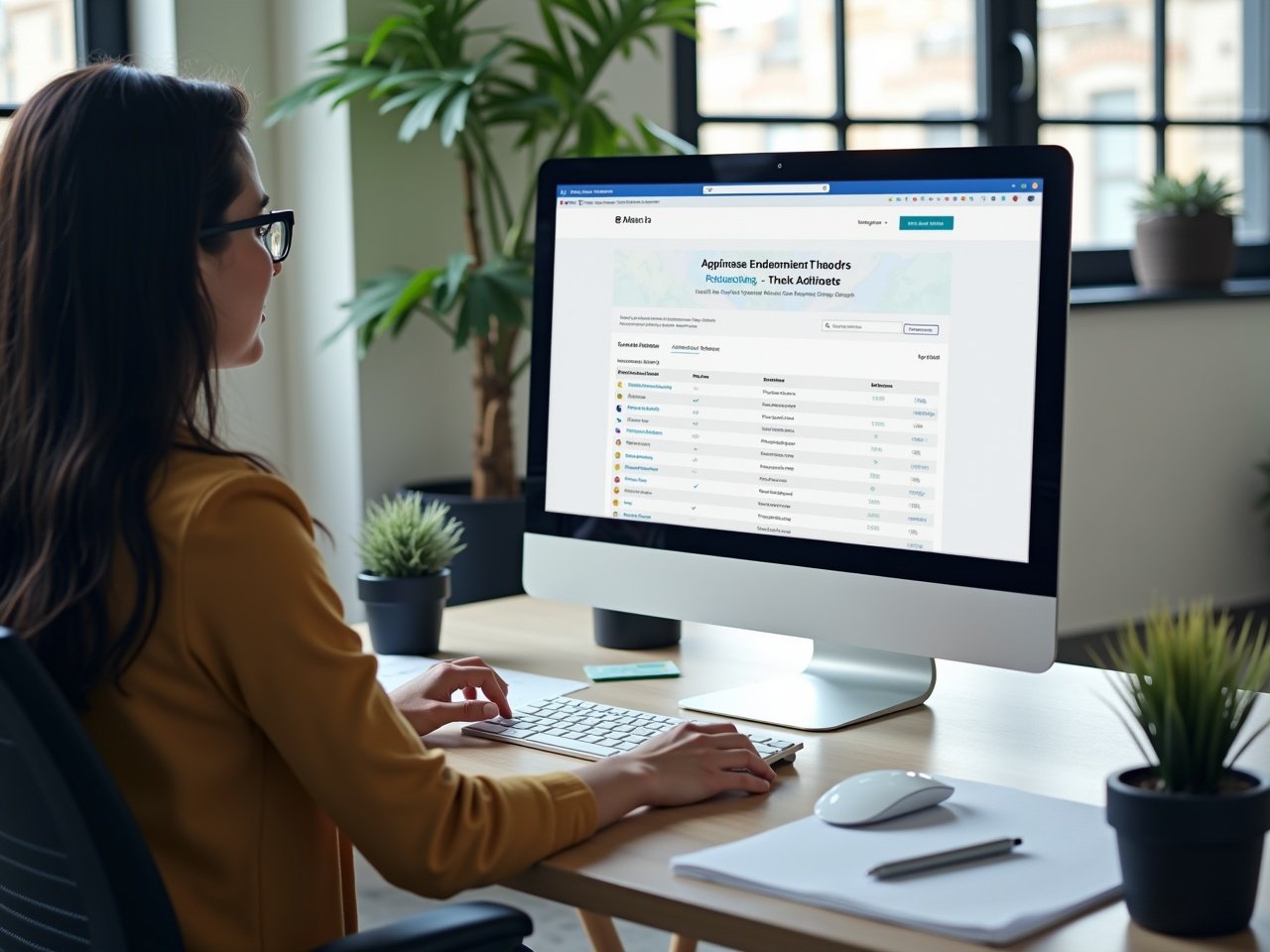 The image depicts a woman seated at a desk in a modern office setting. She is engaged with a computer displaying a webpage. The room is decorated with green plants which add a touch of nature to the office. The lighting is bright and inviting, suggesting a productive working environment. The woman appears focused and is wearing glasses, indicating she is likely working on something important.