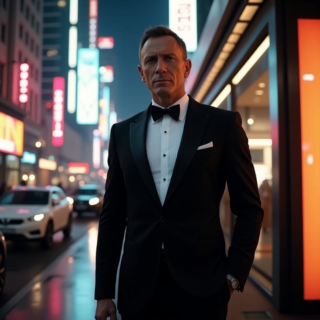 Cinematic scene featuring a confident man in a sleek black tuxedo. Sophisticated backdrop of luxurious architecture and vibrant city lights. Upscale urban setting with high-end shops and neon signs. Integrates a stylish Durex advertisement subtly into the modern environment. High-quality 4K rendering with vivid colors and dramatic lighting.